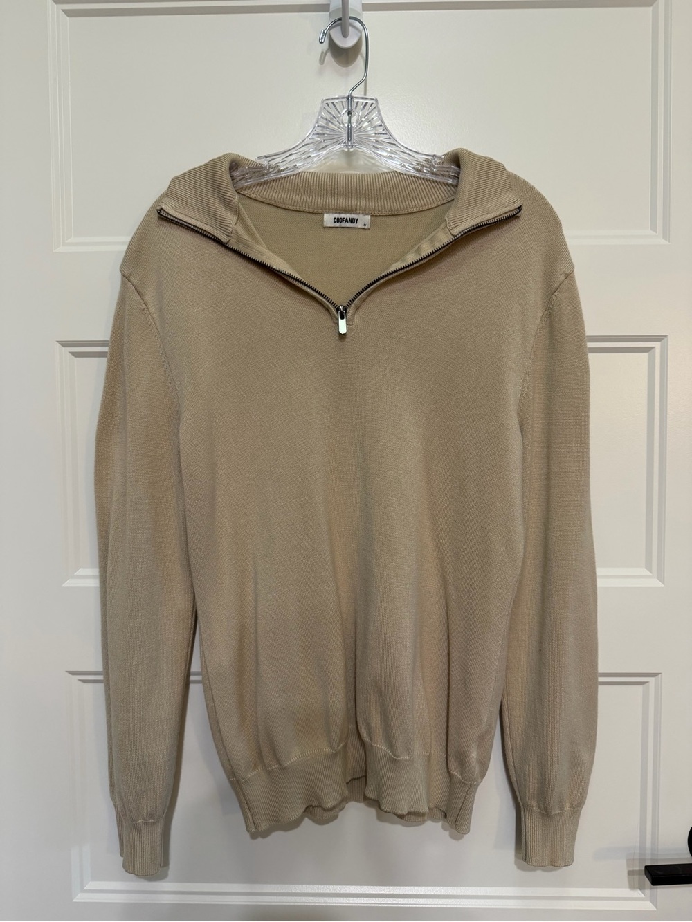 COOFANDY Men’s Quarter Zip Knit Sweater Medium Beige Khaki Pullover